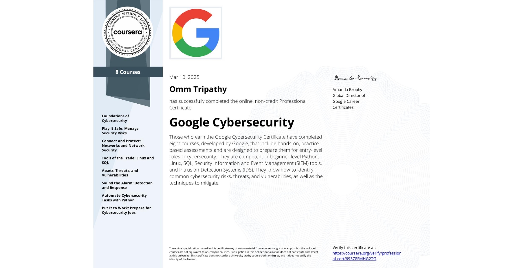 Google Cybersecurity Specialization certificate