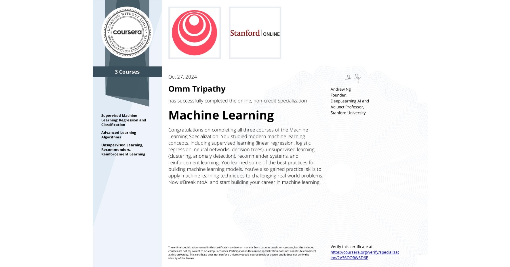 Machine Learning Specialization certificate